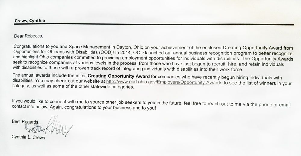 Letter to Space Management from Ohioans with Disabilities